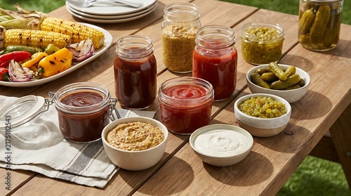 Assorted dips and fresh snacks served in bowls and glass jars on a wooden table at an outdoor party. BBQ condiment ideas