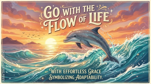 A dolphin jumps in the ocean waves at sunset with the inspirational quote 'Go with the flow of life' symbolizing adaptability