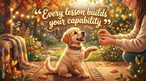 Adorable golden retriever puppy learning tricks from owner on wooden deck in autumn, heartwarming moment