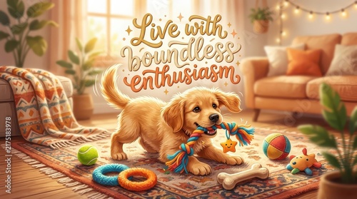 Adorable golden retriever puppy playing with a colorful rope toy indoors, promoting boundless enthusiasm and joy