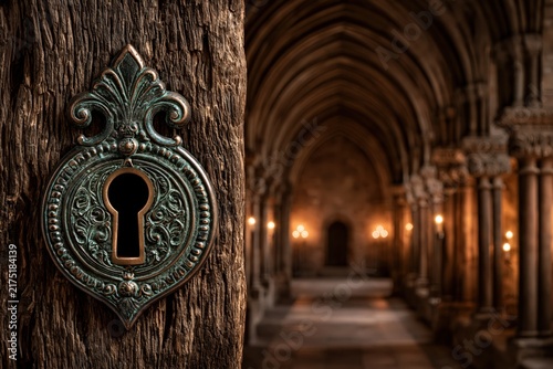 Ornate antique keyhole on wooden door inside medieval cathedral hall