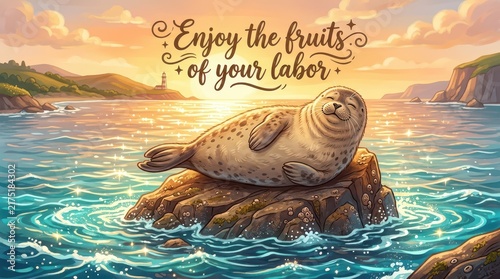 Adorable seal resting on a rock at sunset, with inspirational text 'Enjoy the fruits of your labor' and a distant lighthouse, serene coastal landscape