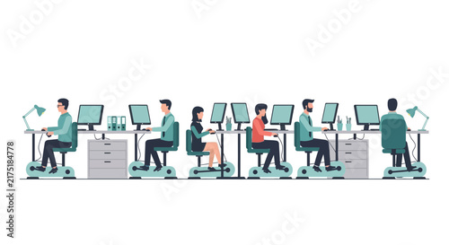 Corporate wellness concept with office employees using exercise bike desks.