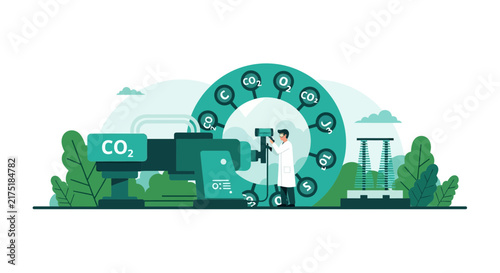 Scientist operating carbon capture technology for CO2 reduction and environmental sustainability illustration