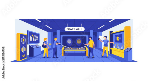 Power Walk Concept Illustration: People Generating Kinetic Energy in Futuristic Science Center
