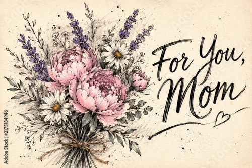 Handwritten calligraphy text for mom with delicate pink and purple flowers and foliage illustration