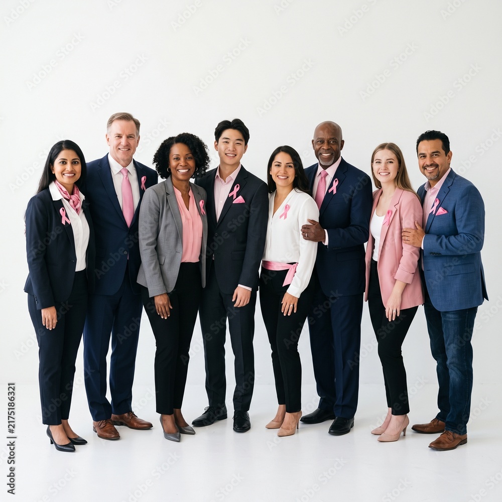 Obraz premium Diverse group of professionals wearing pink ribbons for breast cancer awareness