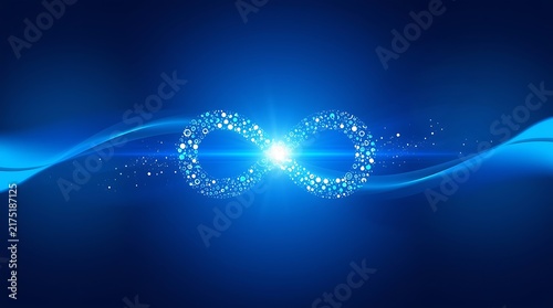Abstract Digital Infinity Symbol with Glowing Light and Blue Background.