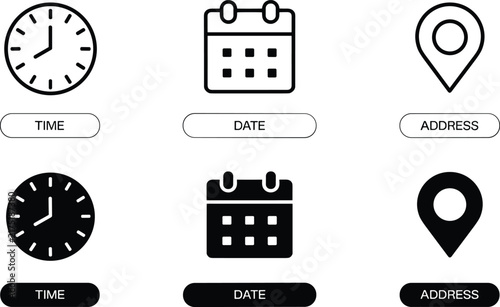 Business event schedule and information icons showing clock time calendar date and map location pin symbols