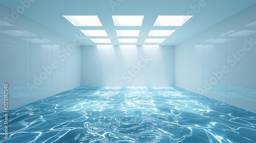 Abstract Blue Water Room with Bright Overhead Lights.