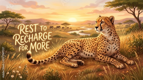 A majestic cheetah rests in the African savanna at sunset, with elephants in the background, embodying the concept of resting to recharge.