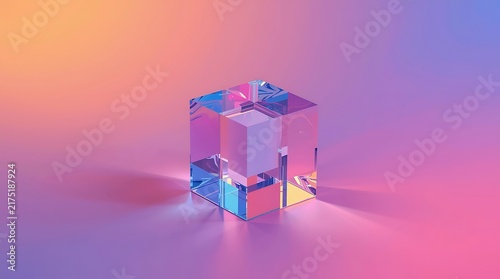Abstract Transparent Cube with Colorful Light Reflections.