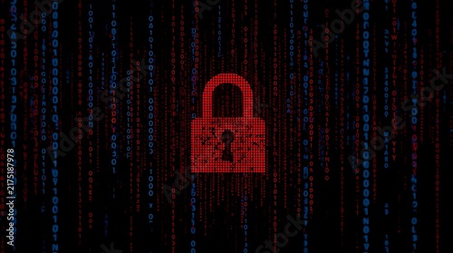 Digital Security - Red Padlock on Binary Code Background.