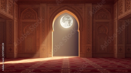 Serene Mosque Interior with Moonlit Archway and Sunlight.