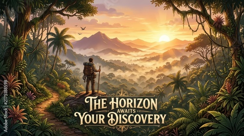 Adventurer standing on a cliff overlooking a misty jungle valley at sunrise, ready to explore.