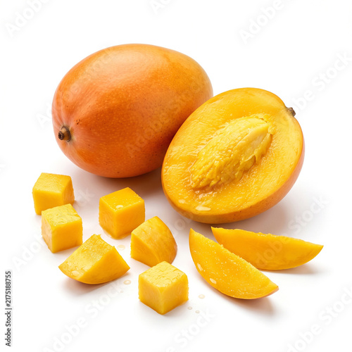 Photorealistic ripe mango with several freshly cut golden-yellow mango pieces arranged attractively around a partial fruit, juicy fibrous flesh, smooth orange skin and realistic moisture