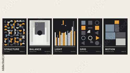 A set of five dark posters featuring geometric patterns, bar charts, and rectangular compositions in a blue, grey, and yellow color palette