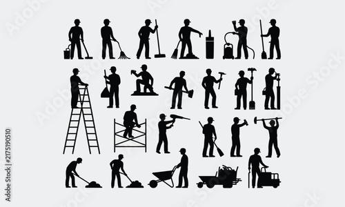 Set of black silhouettes showing construction workers and laborers engaged in various tasks with tools, ladders, scaffolding, and equipment, white background