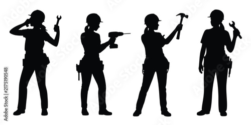 Set of four black silhouettes of female construction workers or handymen wearing hard hats and tool belts, holding various tools like hammers, drills, and wrenches