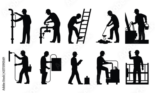 Set of ten construction worker silhouettes performing various maintenance and repair tasks, black isolated on a white background, for industry