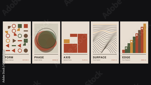 Form, phase, axis, surface, edge, a collection of five minimalist posters featuring geometric shapes, wavy lines, and earthy color tones