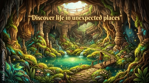 Adventurous explorer discovers hidden bioluminescent cave with cascading waterfalls and lush vegetation, a mystical natural wonder.