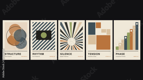 Structure, rhythm, silence, tension, phase, a set of five minimalist posters featuring geometric shapes, radial patterns, and muted tones