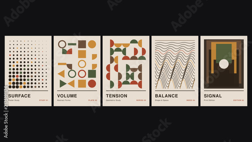 Surface, volume, tension, balance, signal, a collection of five minimalist posters featuring geometric shapes and patterns on a cream background