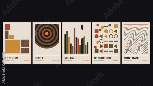 Tension, drift, volume, structure, contrast, a collection of five minimalist geometric posters featuring abstract shapes, concentric rings, and lines