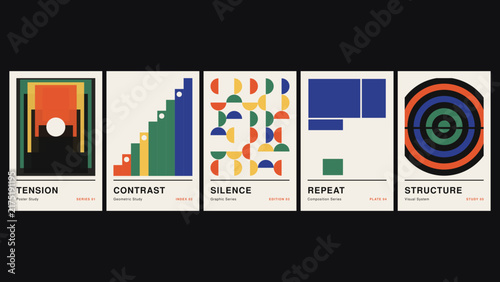 Tension, contrast, silence, repeat, structure, a set of five minimalist posters featuring geometric shapes, concentric circles, and color blocks