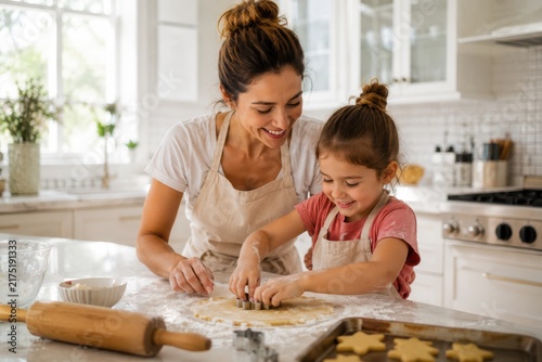Mother and young daughter enjoying a fun baking activity together in the kitchen