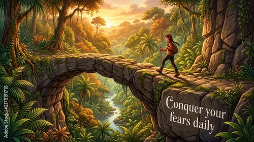 Adventurous hiker crosses ancient stone bridge in lush jungle with a river below, inspiring concept