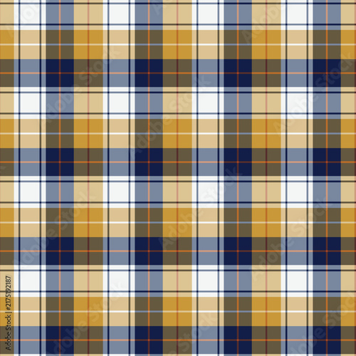 Seamless golden yellow, navy blue, and white plaid tartan pattern vector background, classic check fabric texture design for textile, apparel, fashion, wrapping paper, and digital decoration.