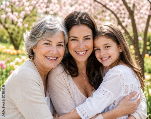 Three happy women with gray hair smiling and embracing in a blooming garden setting
