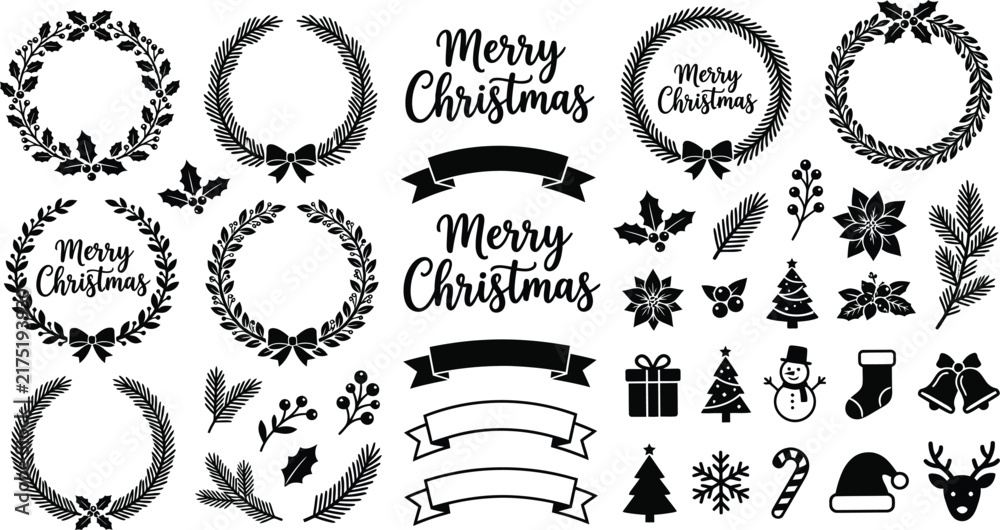 Fototapeta premium Black and white vector illustration featuring christmas ornaments wreaths and festive lettering on a white background