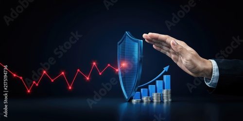 Hand protecting a blue shield, rising bar chart, and red line graph
