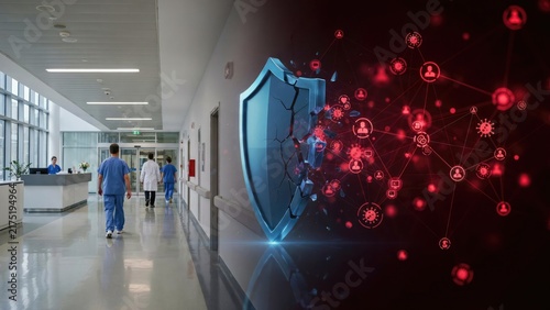Hospital corridor with digital shield and red network data overlay