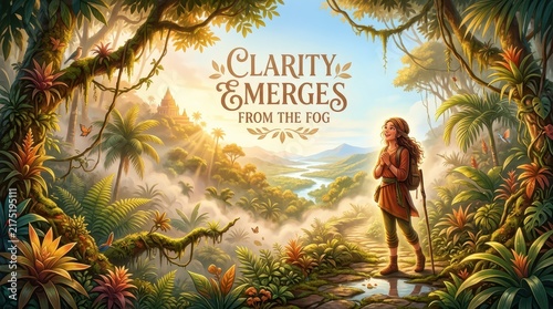 Adventurous young woman with backpack and walking stick emerges from fog into a sunlit jungle valley with ancient ruins, vibrant flora and a winding r