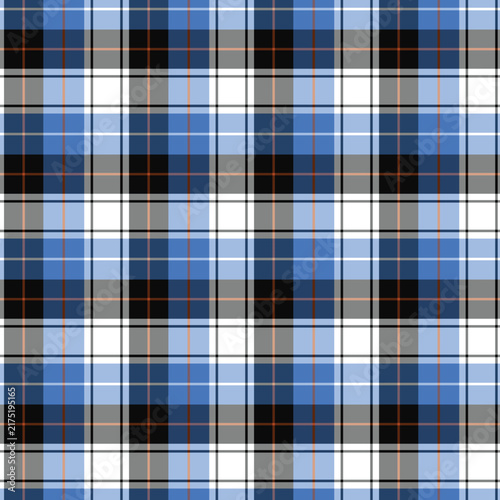 Seamless blue, white, and orange plaid tartan pattern vector background, classic check fabric texture design for textile, apparel, fashion, wrapping paper, and digital decoration.