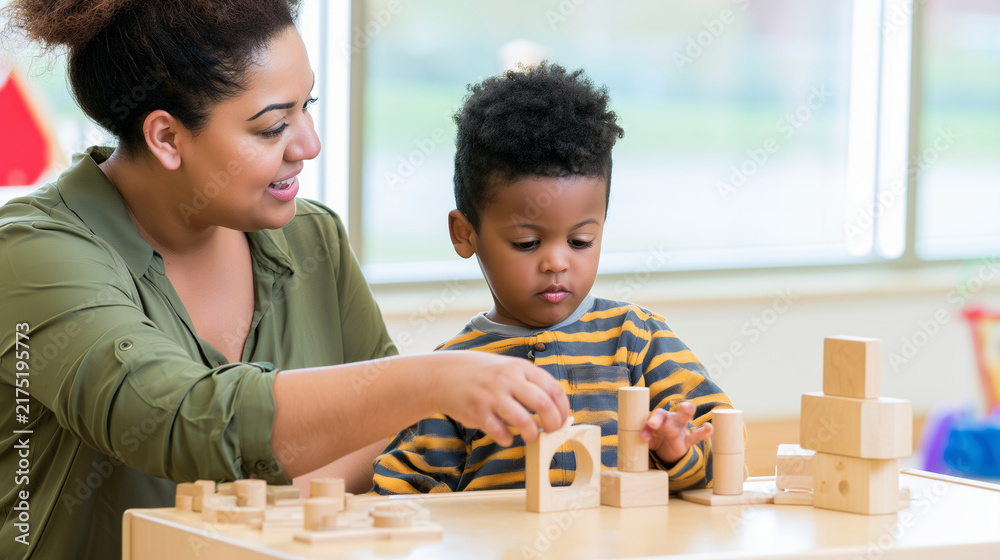 Fototapeta premium Preschool teacher guiding a young pupil through a developmental activity using wooden pieces and matching shapes, Montessori exercise, logical thinking, hand-eye coordination, sens