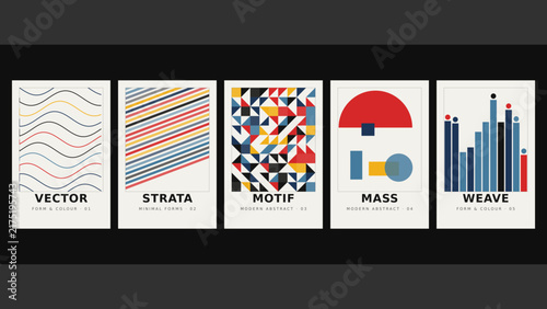 Five vintage style posters featuring abstract geometric including wavy lines, diagonal stripes, triangles, semi-circles, and bar chart motifs