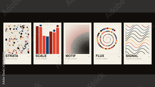 Five vintage style posters featuring abstract geometric including terrazzo patterns, bar charts, dot grids, spirals, and wavy line