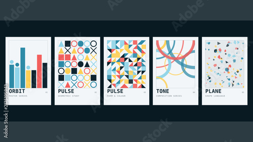 Orbit, pulse, tone, plane, a collection of five minimalist posters featuring geometric shapes, patterns, and colorful bar charts