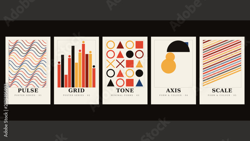 Pulse, grid, tone, axis, scale, a collection of five minimalist posters featuring geometric shapes, patterns, and colorful bar charts