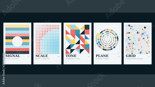 Signal, scale, tone, plane, grid, a set of five minimalist posters featuring colorful geometric patterns on a light cream background