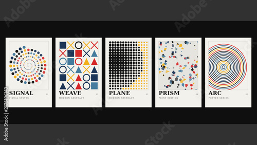 Signal, weave, plane, prism, arc, a collection of five minimalist posters featuring spiral dots, geometric shapes, dot grids, and colorful patterns