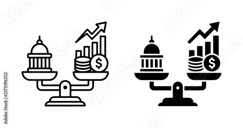 Фотография Government Finance Balance Icons, Fiscal Policy Scales, Economic Growth Chart Ve