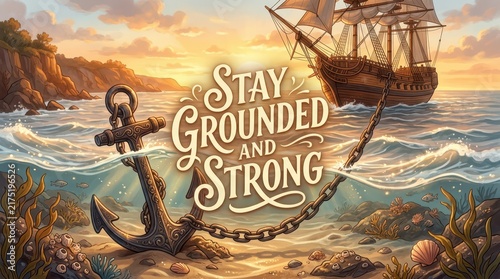 An anchor symbolizes steadfastness and strength, set against a backdrop of a historic sailing ship, a rocky coastline, and a vibrant sunset over the o