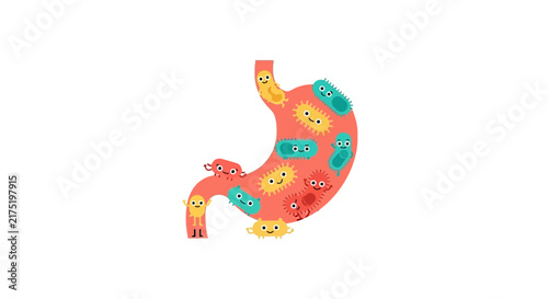 Cute Human Stomach and Probiotic Bacteria Vector Illustration