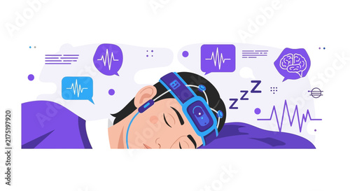 High-tech sleep monitoring illustration with brain wave tracking EEG device.